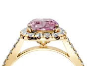 Halo Engagement Ring Setting for Fancy Pink Cushion Cut Center with Narrowing Pave Band and Prong Head in Yellow Gold