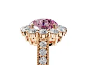 Halo Engagement Ring Setting for Fancy Pink Round Cut Center with Milgrain Channel Band and Prong Head in Rose Gold