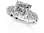 Cluster Engagement Ring Setting for Asscher Cut Center with 2-Row Shoulder Clusters and Prong Head in Sterling Silver