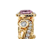 Milgrain Halo Engagement Ring Setting for Fancy Pink Asscher Cut Center with Shoulder Bezels and Prong Head in Yellow Gold