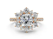 Floral Halo Engagement Ring Setting for Cushion Cut Center with Pave Accents and Prong Head in Rose Gold