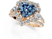 Halo Engagement Ring Setting for Fancy Blue Heart-Shaped Center with Two-Strand Split Shank and Prong Head in Rose Gold