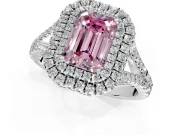 Double Halo Engagement Ring Setting for Fancy Pink Emerald Cut Center with Narrow Pave Split Shank and Prong Head in Platinum