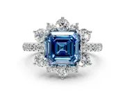 Floral Halo Engagement Ring Setting for Fancy Blue Asscher Cut Center with Pave Accents and Prong Head in Platinum