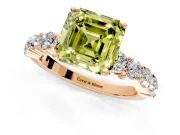 Shared-Prong Engagement Ring Setting for Fancy Yellow Asscher Cut Center with Graduated Accents and Prong Head in Rose Gold