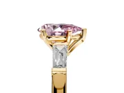 3 Stone Engagement Ring Setting for Fancy Pink Pear-Shaped Center with Tapered Baguettes, Plain Band and Prong Head in Yellow Gold