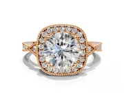 Halo Engagement Ring Setting for Round Cut Center with Milgrain Rim, Pave Band and Prong Head in Rose Gold