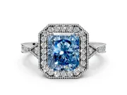 Halo Engagement Ring Setting for Fancy Blue Radiant Cut Center with Milgrain Rim, Pave Band and Prong Head in Sterling Silver