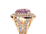 Double Halo Engagement Ring Setting for Fancy Pink Radiant Cut Center with Narrow Pave Split Shank and Prong Head in Rose Gold