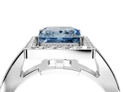 Bezel-Framed Halo Engagement Ring Setting for Fancy Blue Princess Cut Center with Pave Band and Prong Head in White Gold