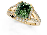 Halo Engagement Ring Setting for Fancy Green Radiant Cut Center with Pave Split Shank and Prong Head in Yellow Gold