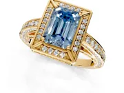 Halo Engagement Ring Setting for Fancy Blue Emerald Cut Center with Framed Halo, Pave Band and Prong Head in Yellow Gold
