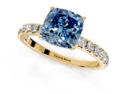Solitaire Engagement Ring Setting for Fancy Blue Cushion Cut Center with Large Accent Band and Prong Head in Yellow Gold