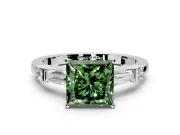 Bar-Set Engagement Ring Setting for Fancy Green Princess Cut Center with Tapered Baguette Accents and Prong Head in White Gold