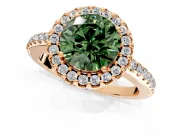 Pave Halo Engagement Ring Setting for Fancy Green Round Cut Center with Single Row Pave Band and Prong Head in Rose Gold