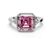 Cluster Engagement Ring Setting for Fancy Pink Asscher Cut Center with Milgrain Shoulder Clusters and Prong Head in Sterling Silver