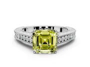 Solitaire Engagement Ring Setting for Fancy Yellow Asscher Cut Center with Engraved Pave Band and Prong Head in Platinum