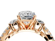 3 Stone Engagement Ring Setting for Radiant Cut Center with Pave Split Shank and Prong Head in Rose Gold