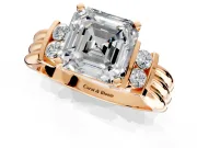 Solitaire Engagement Ring Setting for Asscher Cut Center with Grooved Bar Accent Band and Prong Head in Rose Gold