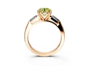 3 Stone Engagement Ring Setting for Fancy Yellow Round Cut Center with Tapered Baguettes, Plain Band and Prong Head in Rose Gold