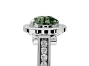 Halo Engagement Ring Setting for Fancy Green Round Cut Center with Outer Bezel Rim, Pave Band and Prong Head in Platinum