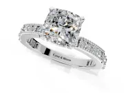 Solitaire Engagement Ring Setting for Cushion Cut Center with Milgrain-Edged Pave Band and Prong Head in Sterling Silver