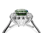 Starburst Halo Engagement Ring Setting for Fancy Green Radiant Cut Center with Thin Round-Wire Band and Prong Head in White Gold