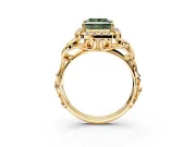 Halo Engagement Ring Setting for Fancy Green Princess Cut Center with Open Scroll Shoulders and Prong Head in Yellow Gold