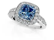 Bezel-Framed Halo Engagement Ring Setting for Fancy Blue Cushion Cut Center with Pave Band and Prong Head in Platinum