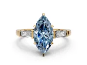 3 Stone Engagement Ring Setting for Fancy Blue Marquise Center with Tapered Baguettes, Plain Band and Prong Head in Yellow Gold