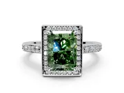 Halo Engagement Ring Setting for Fancy Green Radiant Cut Center with Metal-Rimmed Halo, Pave Band and Prong Head in Platinum