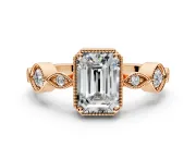 Vintage Station Engagement Ring Setting for Emerald Cut Center with Accents and Prong Head in Rose Gold