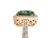 Halo Engagement Ring Setting for Fancy Green Radiant Cut Center with Heart-Shaped Openwork, Pave Band and Prong Head in Rose Gold