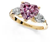 3 Stone Engagement Ring Setting for Fancy Pink Heart-Shaped Center with Large Pear-Shaped Accents and Prong Head in Yellow Gold