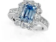 Halo Engagement Ring Setting for Fancy Blue Emerald Cut Center with Milgrain Channel Band and Prong Head in Sterling Silver