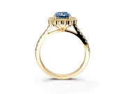 Milgrain Floral Halo Engagement Ring Setting for Fancy Blue Radiant Cut Center with Pave Band and Prong Head in Yellow Gold