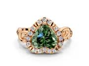 Halo Engagement Ring Setting for Fancy Green Heart-Shaped Center with Open Scroll Shoulders and Prong Head in Rose Gold