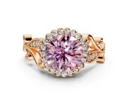 Halo Engagement Ring Setting for Fancy Pink Round Cut Center with Leaf Motif Split Shank and Prong Head in Rose Gold