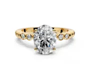 Solitaire Engagement Ring Setting for Oval Center with Bezel-Dot Beaded Band and Prong Head in Yellow Gold