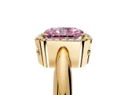 Halo Engagement Ring Setting for Fancy Pink Radiant Cut Center with Tapered Plain Band and Prong Head in Yellow Gold