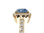 Halo Engagement Ring Setting for Fancy Blue Cushion Cut Center with Inner Milgrain Border and Prong Head in Yellow Gold