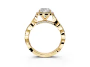 Halo Engagement Ring Setting for Cushion Cut Center with Twist Band and Prong Head in Yellow Gold
