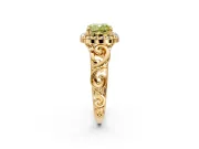 Halo Engagement Ring Setting for Fancy Yellow Cushion Cut Center with Open Scroll Shoulders and Prong Head in Yellow Gold