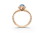 Halo Engagement Ring Setting for Fancy Blue Marquise Center with Rope Twist Split Shank and Prong Head in Rose Gold
