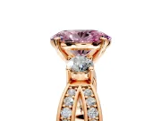 3 Stone Engagement Ring Setting for Fancy Pink Oval Center with Pave Twist Band and Prong Head in Rose Gold