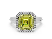 Halo Engagement Ring Setting for Fancy Yellow Asscher Cut Center with Knife Ridge Cathedral Band and Prong Head in Platinum