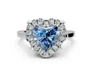 Single Halo Engagement Ring Setting for Fancy Blue Heart-Shaped Center with Corner Claws, Plain Band and Prong Head in Sterling Silver