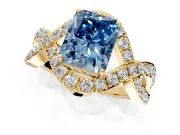 Halo Engagement Ring Setting for Fancy Blue Radiant Cut Center with Pave Infinity Twist Band and Prong Head in Yellow Gold