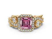 Milgrain Halo Engagement Ring Setting for Fancy Pink Asscher Cut Center with Shoulder Bezels and Prong Head in Yellow Gold