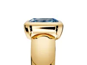 Solitaire Engagement Ring Setting for Fancy Blue Emerald Cut Center with Wide Band and Bezel Head in Yellow Gold